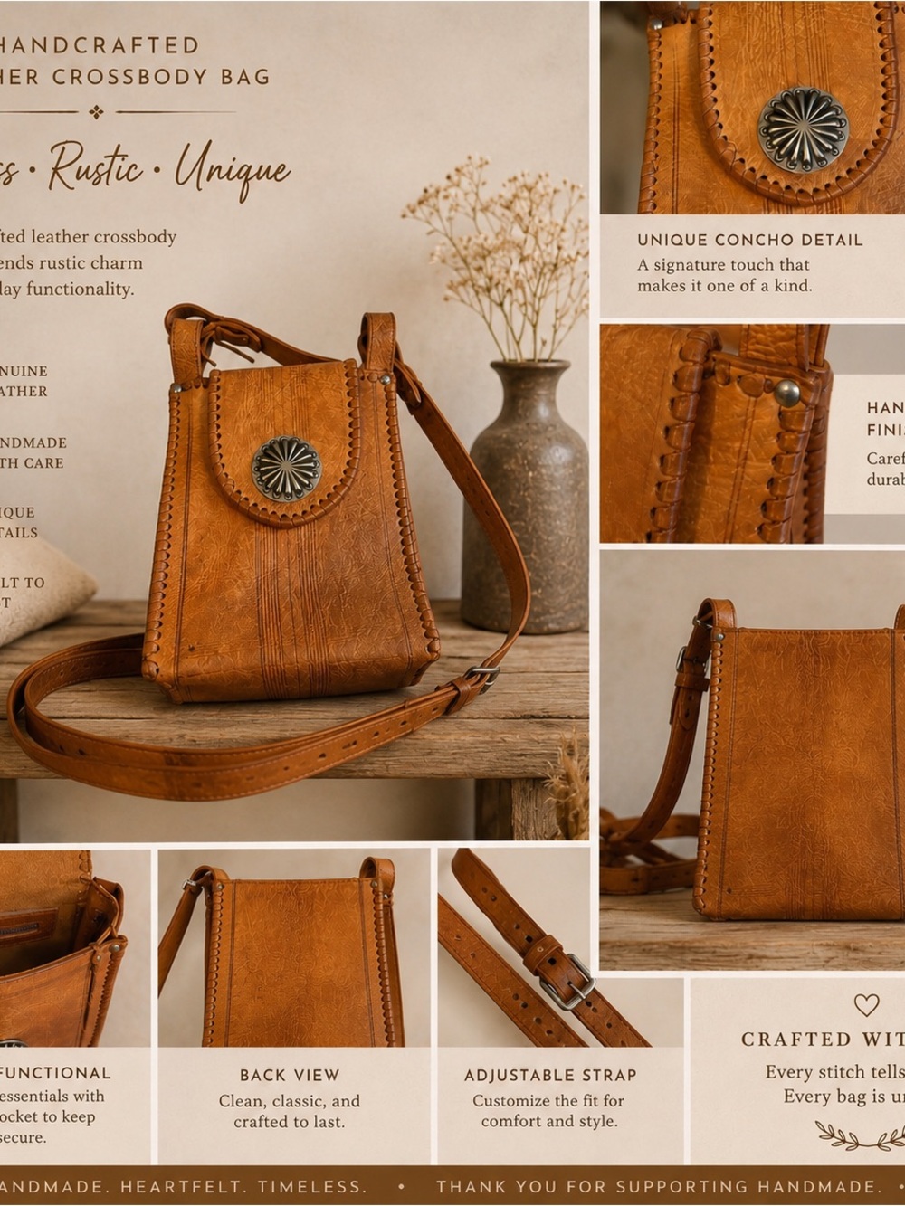 Vintage Handmade Leather Crossbody Bag – Made in Morocco